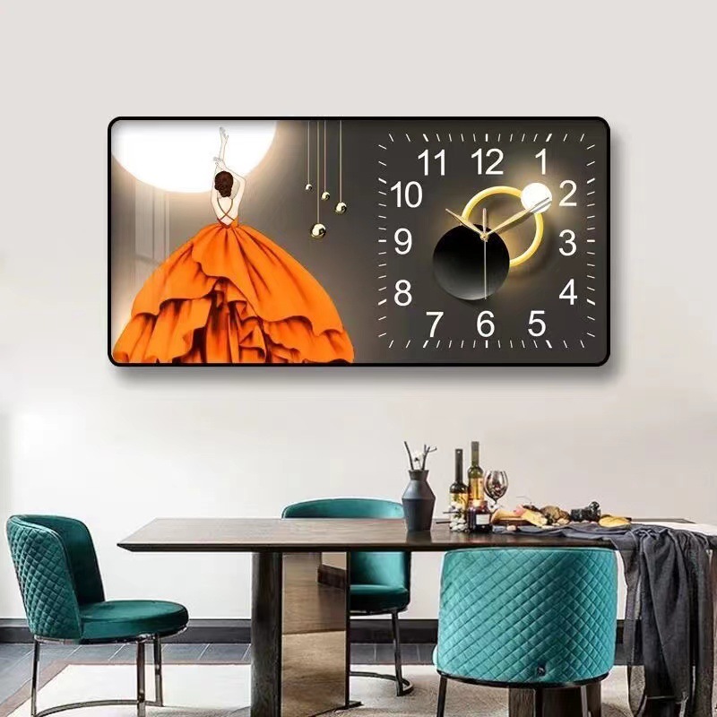 2023 nuevo restaurante pintura decorativa reloj luz comedor de lujo Fondo colgante de pared pintura cálida sala de estar reloj mural de Cristal