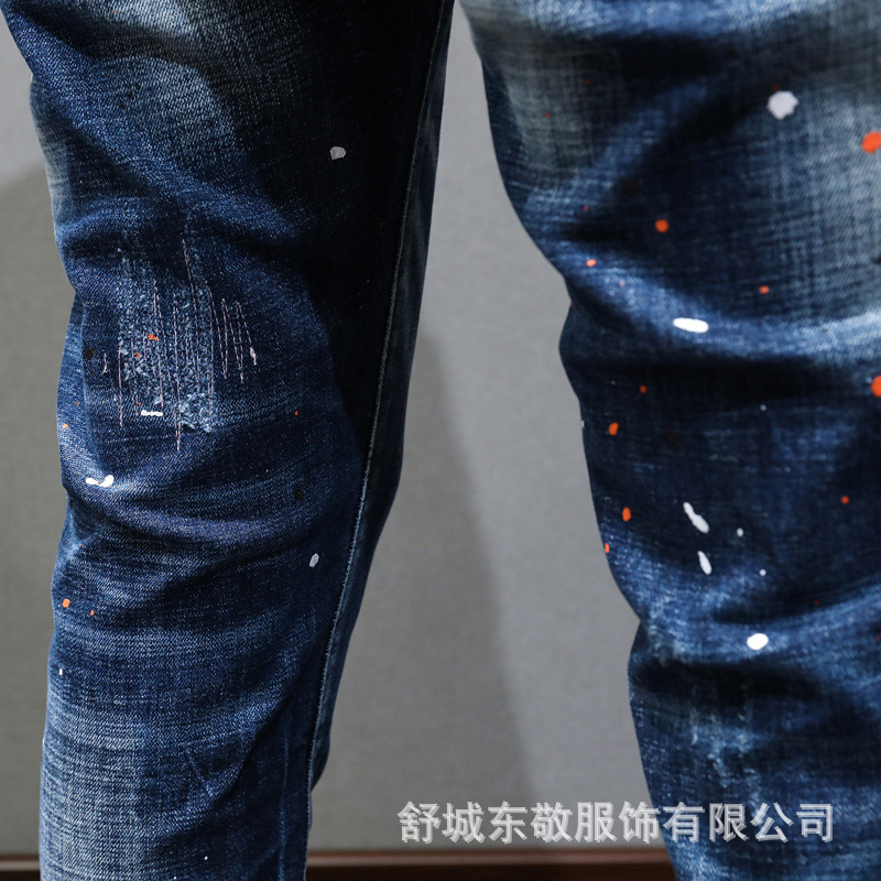 Estación europea moda nueva rasgado raspado bordado hombres slim fit skinny straight juventud micro elástico marca de moda de mezclilla