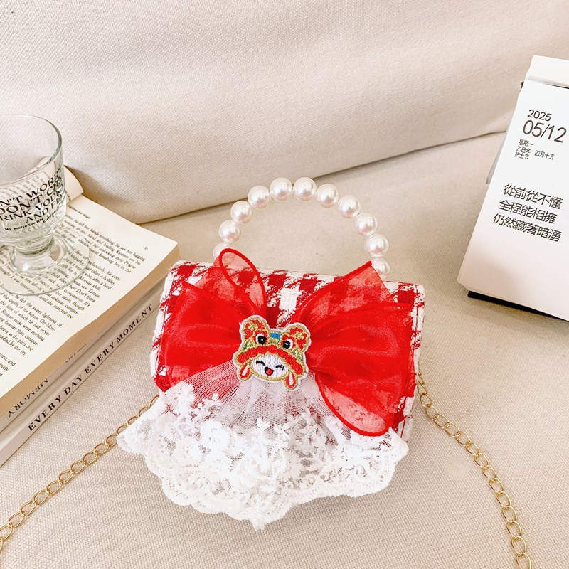 Bolsos rojos para niños, bolsos de arco de perla para chicas, regalos de Navidad y Año Nuevo, bolsos de transporte