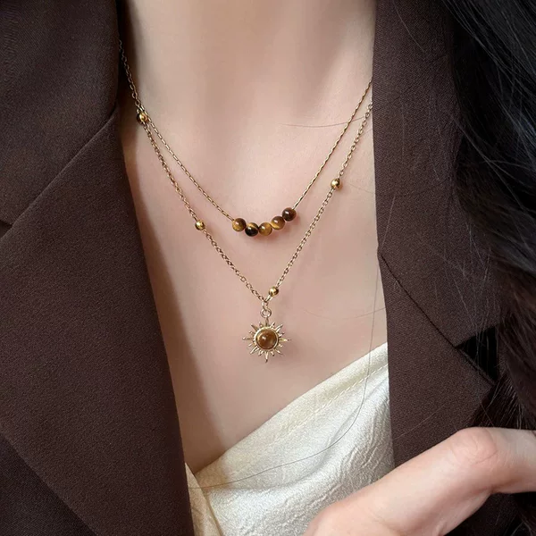 Retro Golden Sunflower Tiger Eye Stone Necklace Women's Niche Design Stacked Sweater Chain Autumn and Winter Clavicle Chain Accessories