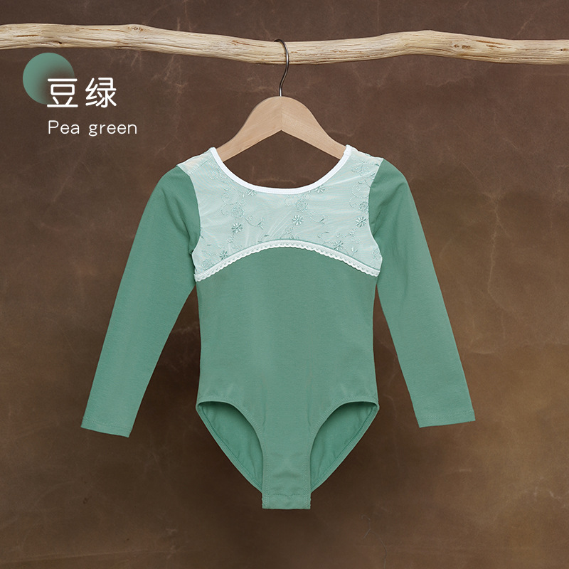 Traje de baile para niños Traje de entrenamiento de manga larga de otoño para mujer Traje de ballet de red suave bordado Espectáculo de ropa de entrenamiento de gota de agua