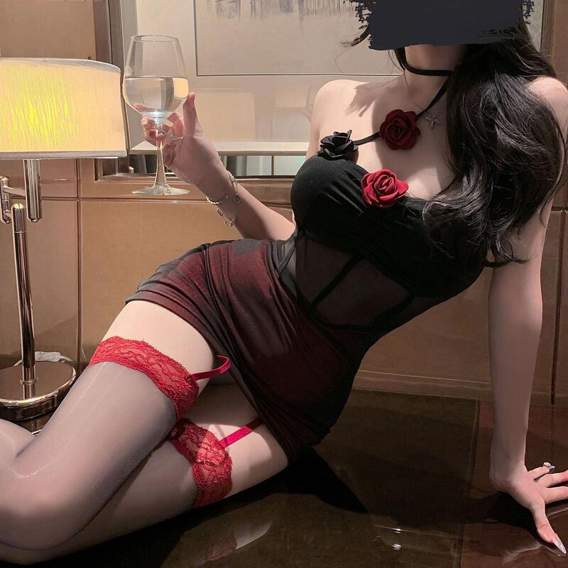 Sexy Lingerie Dark Sexy Mesh Transparent Halter Dress Pure Desire Cheongsam Flower Backless Slim Skirt Qqny