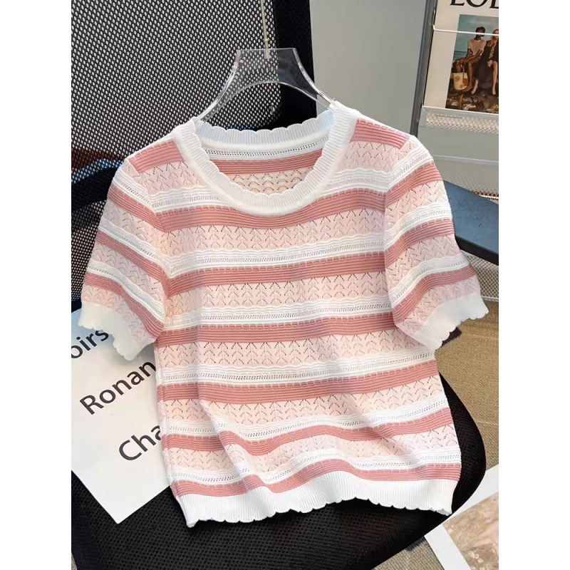 Fresh and Colorful Striped Ice Silk Knit Top for Women, Summer Regular Shoulder Short Sleeve T-Shirt, Loose Inner Base Shirt Fresh and Colorful Striped Ice Silk Knit Top for Women, Summer Regular Shoulder Short Sleeve T-Shirt, Loose Inner Base Shirt