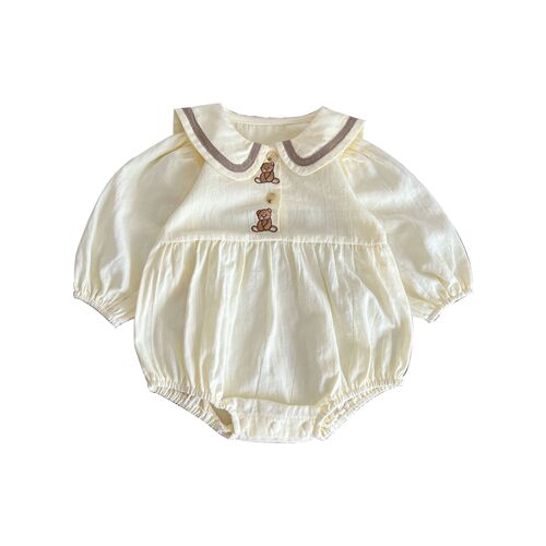 Baby clothes for Korean version of Instagram, autumn infant bear embroidered diaper cover crawling suit with small ears turnover collar triangle halter dress