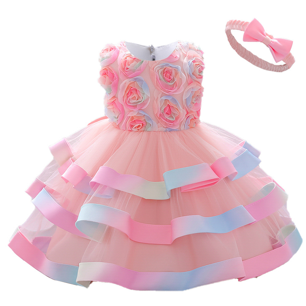 Vestido para niñas, vestido de bautizo para bebés de un año, vestido de princesa con flores tridimensionales de malla, vestido de cumpleaños con falda abullonada de colores.