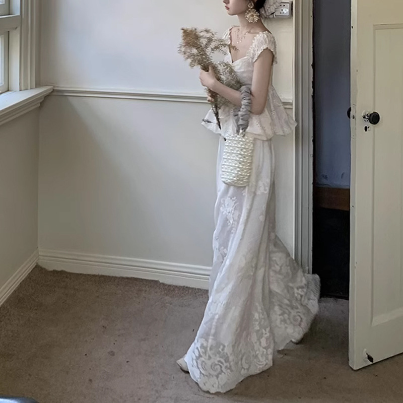 MENGXIANG [South France Holiday] Tencel suit Strap Short-sleeved Small Top Loose Embroidered Wide-leg Pants