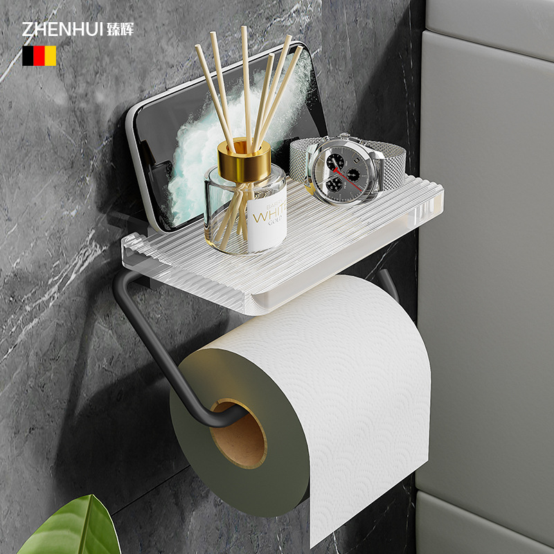 Soporte de rollo de papel de lujo ligero inodoro acrílico tejido higiénico montado en la pared caja de papel higiénico sin perforaciones estante de almacenamiento de tejido de teléfono móvil