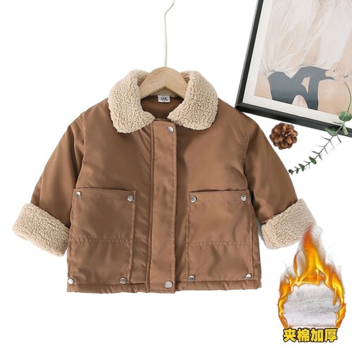 Boys' Thicker Cotton Padded Winter Warm Fleece Jacket Baby Winter Outfit Medium and Small Children's Cotton Coat Fuzzy Collar Stylish