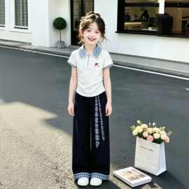 女童夏季套装2026新款中大童Polo衫短袖休闲阔腿长裤洋气两件套潮