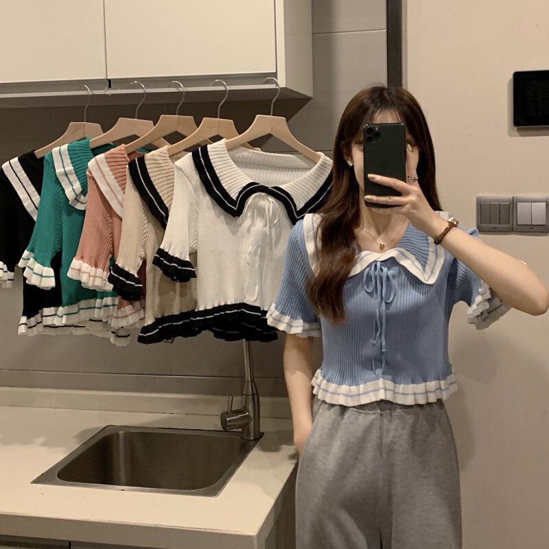 Unique French-Style Short Knit Top with Ruffled Peter Pan Collar and Short Sleeves for Women, Summer Commuter Style Unique French-Style Short Knit Top with Ruffled Peter Pan Collar and Short Sleeves for Women, Summer Commuter Style
