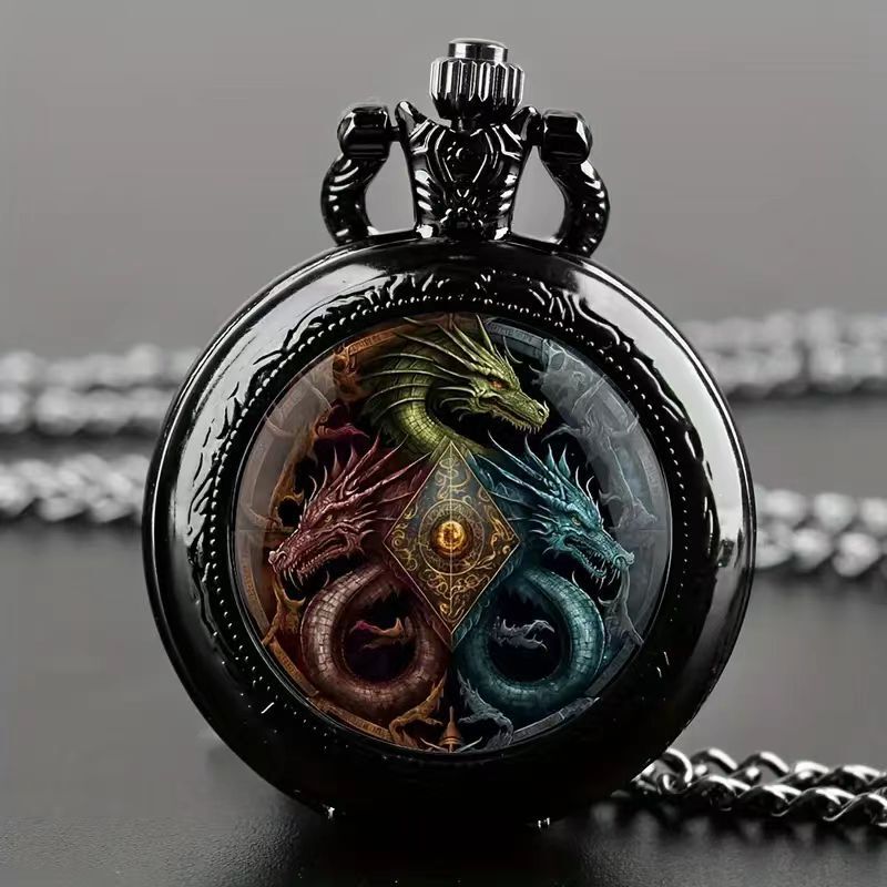 Color Pattern Medium Pocket Watch Vintage Flip Cover Decorative Necklace Watch Personalized Trendy Quartz Watch Cross-border for Men and Women Students