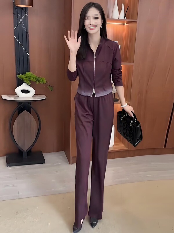 时尚休闲套装女秋装新款时髦洋气立领渐变短外套直筒阔腿裤两件套|undefined