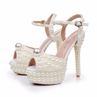14cm High Heel Sandals Beige Pearl Fishmouth High Heel Sandals Fine Heel Platform Bridal Wedding Dress Sandals
