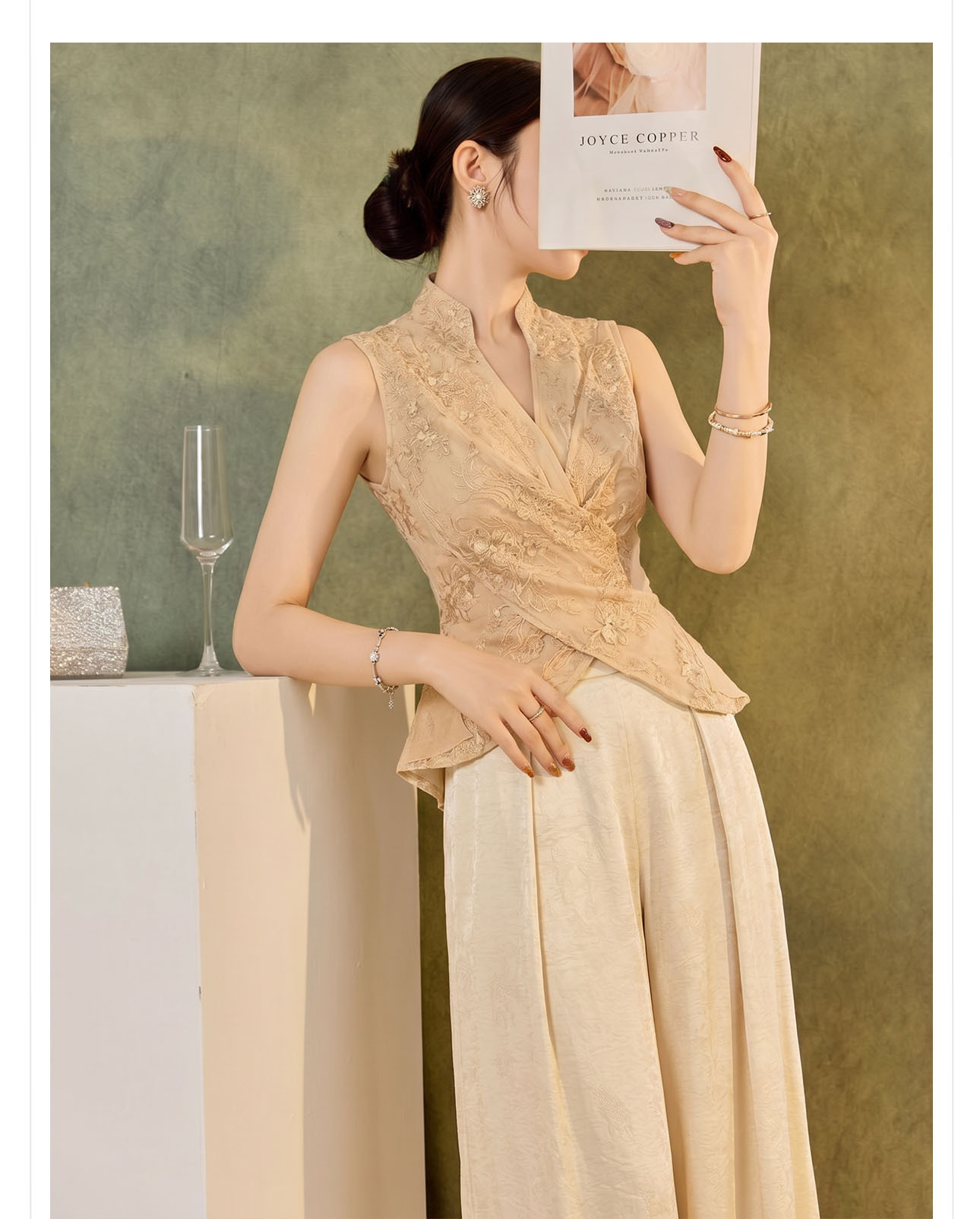 Áo vest nữ dài tay cổ chéo thêu tay, thắt lưng ren — màu vàng chi tiết 7