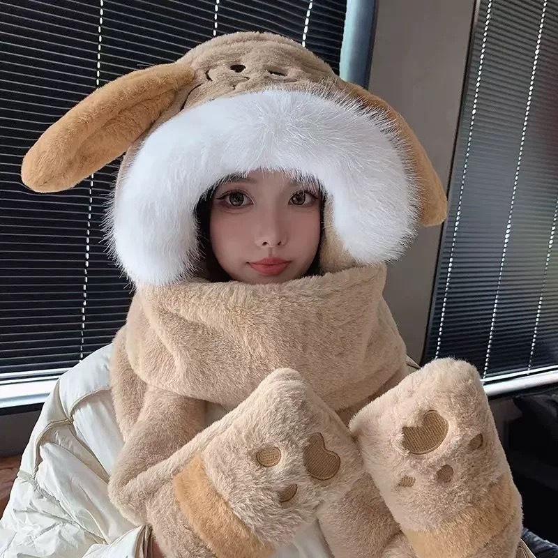 可爱小狗耳朵会动帽子围巾手套一体女秋冬季保暖围脖毛绒绒三件套|undefined