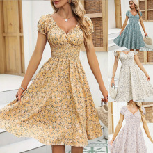 亚马逊复古碎花泡泡袖连衣裙法式多彩花卉露肩裙女式印花v领长裙