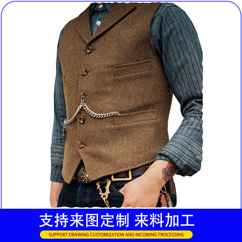Cross-Border Hot-Selling Men's Vests for Weddings, Groom and Groomsmen Vests, Herringbone Slim Single-Breasted Vests Cross-Border Hot-Selling Men's Vests for Weddings, Groom and Groomsmen Vests, Herringbone Slim Single-Breasted Vests