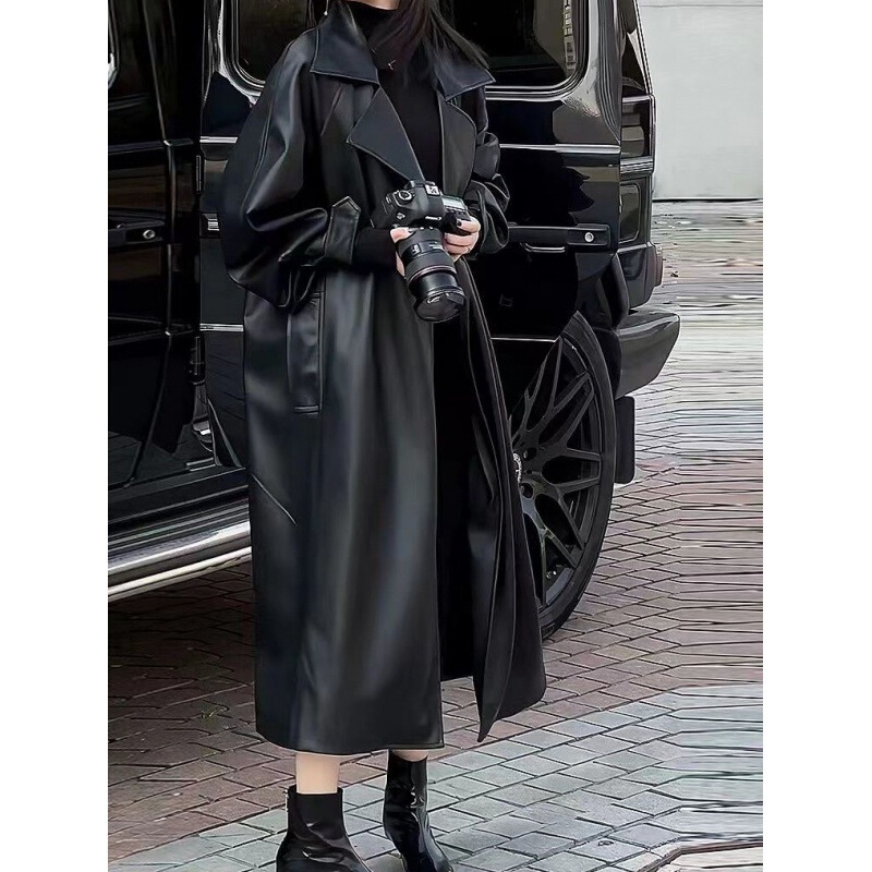 Fashion Elegant Long Over-the-knee Leather Jacket Women's 2023 Autumn New Loose Soft Leather Motorcycle Jacket High-end Sense