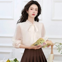 2025春新款灵动仙气长袖蝴蝶结飘带欧根纱衬衫上衣女