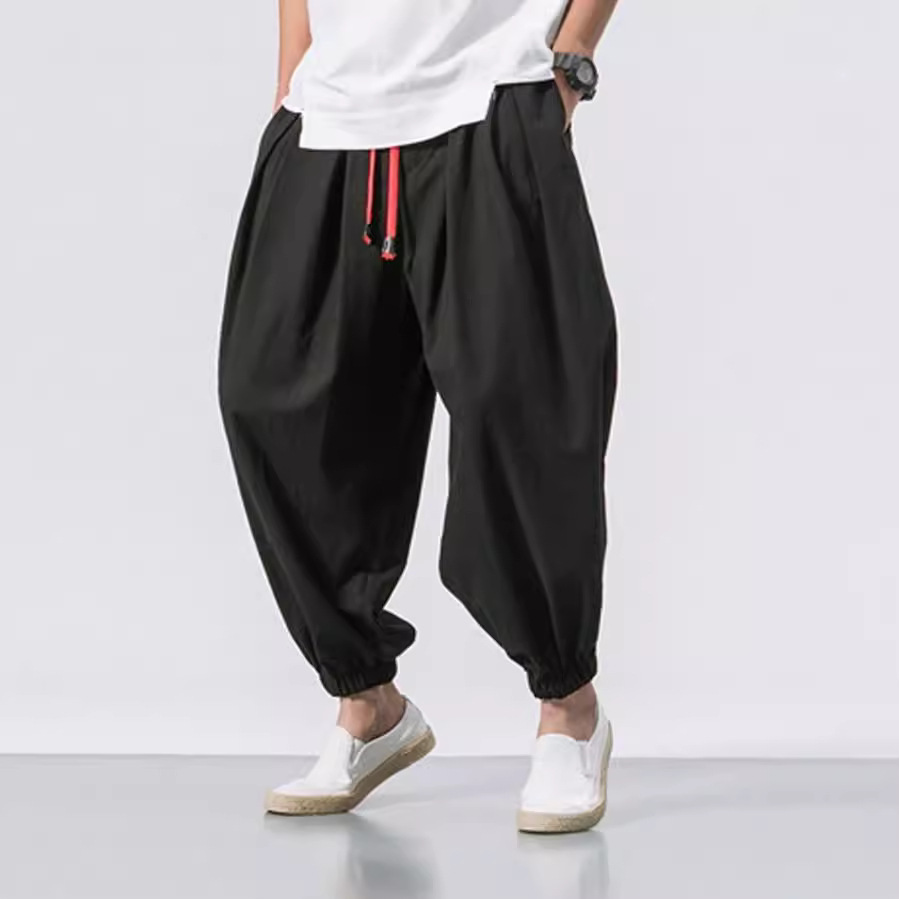 2024中国风冰丝棉麻男裤宽松大码男装潮长裤哈伦裤灯笼束脚休闲裤