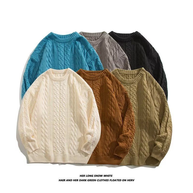 Round Neck Cable Knit Sweater for Men, Autumn and Winter Japanese Style Trendy Brand, Loose and Lazy Style, High Street Fashion, Solid Color Pullover Knitwear
