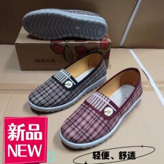 春秋の老北京風婦人靴、カジュアルな格子柄ローカットフラットシューズ、デイリーラウンドトゥ射出成形ママシューズ、通気性あり