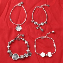 泰国清迈手工银手链 复古做旧纯银小鱼小花树叶弯管圆管手环手串