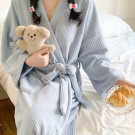 浅蓝灰肌理长袖系带长款睡袍女韩系简约春秋居家睡眠家居服批发