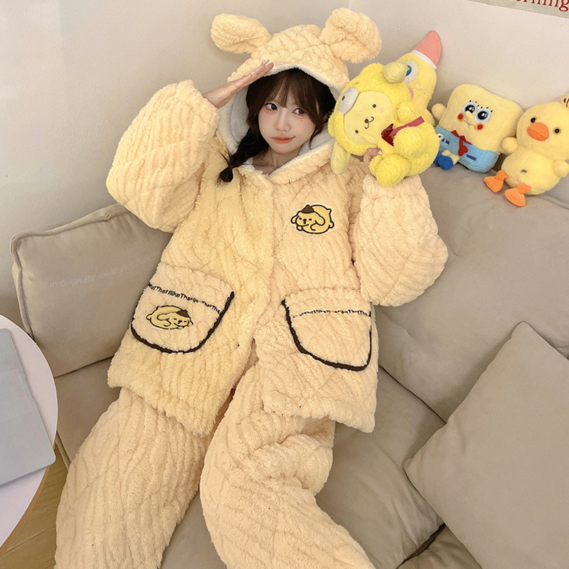 새로운 겨울 파자마 여성 3 층 면 두꺼운 기모 면화 외투를 입고 면화 옷