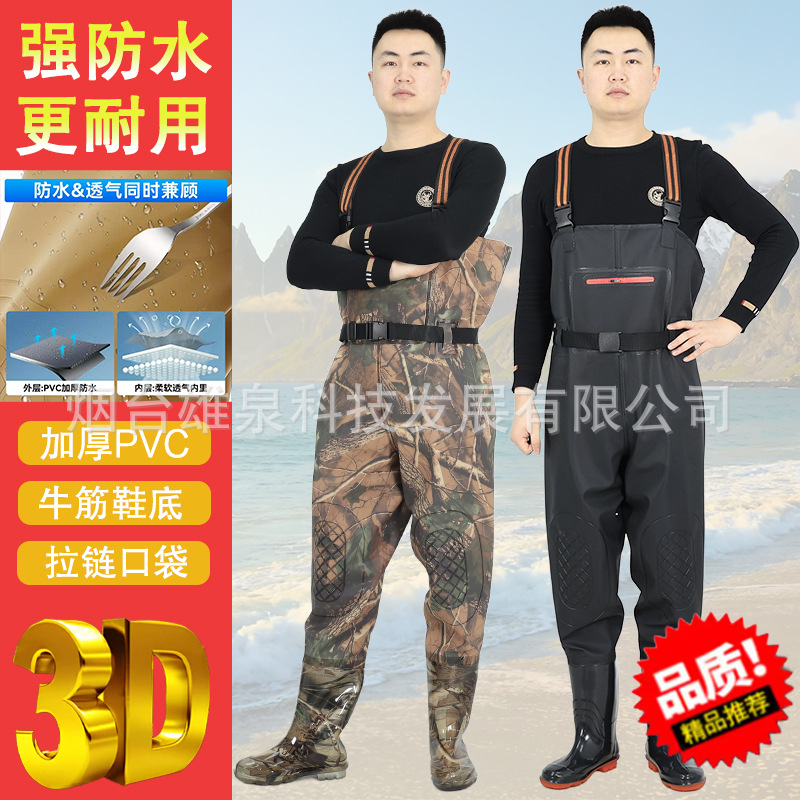 Thickened Waterproof Overalls with Suspenders, Half-Body Waders for Fishing, Waterproof Wading Pants with Integrated Shoes, Fishing Clothing