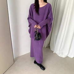 跨境毛衣套装女2025秋冬新款针织蝙蝠袖毛衣直筒半身裙大码两件套