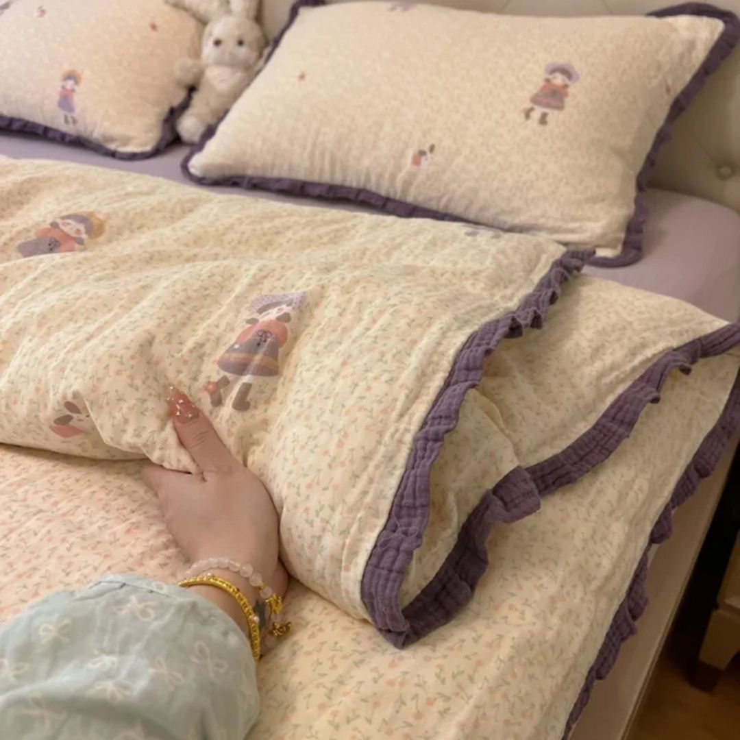 Category a Maternal and Infant Grade Wrinkled Yarn Ear-Rimmed Washed Cotton Four-Piece Set Super Soft Girl Quilt Cover Dormitory Bed Bed Sheets Three-Piece Set