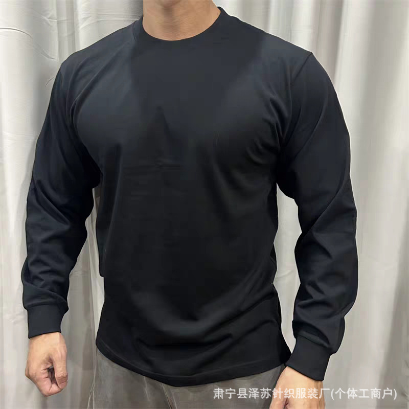 Black Pure Cotton Drawstring Long-Sleeved T-Shirt for Men in Autum New Style with Bottoming Shirt Loose Pure Color Pullover Round Neck T-Shirt