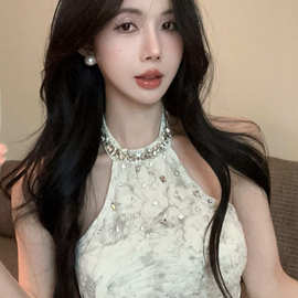 港味复古chic小众扎染挂脖吊带背心女镶钻露肩短款小上衣