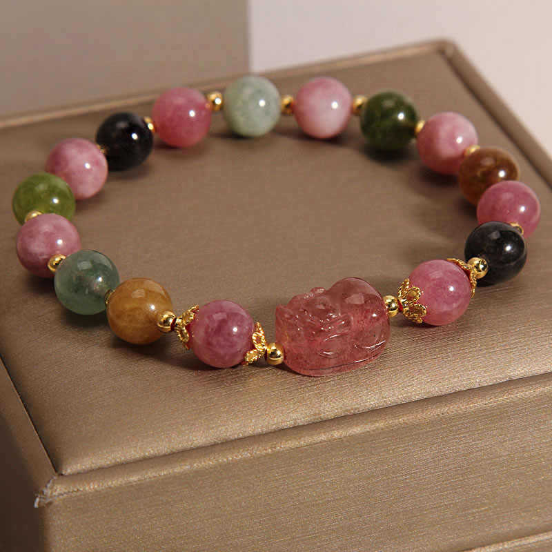 Candy tourmaline strawberry crystal brave bracelet 14k bag gold beads tourmaline bracelet 6mm single circle gift jewelry wholesale