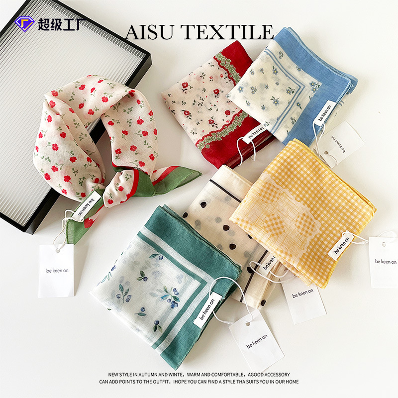 58 Cotton and Linen Square Scarf Summer Fresh and Sweet Decorative Headscarf Polka Dot Floral Silk Scarf Square Scarf Women's Thin Cotton and Linen Scarf