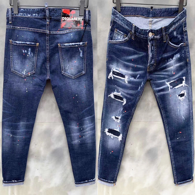European anD American New InDigo FrayeD DSQ Jeans Men's Slim Fit RippeD Versatile Stretch Jeans Small Straight D2 European anD American New InDigo FrayeD DSQ Jeans Men's Slim Fit RippeD Versatile Stretch Jeans Small Straight D2