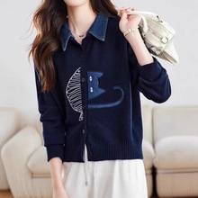 牛仔拼接衬衫领针织开衫女春秋2025新款翻领刺绣毛衣外套短款外搭