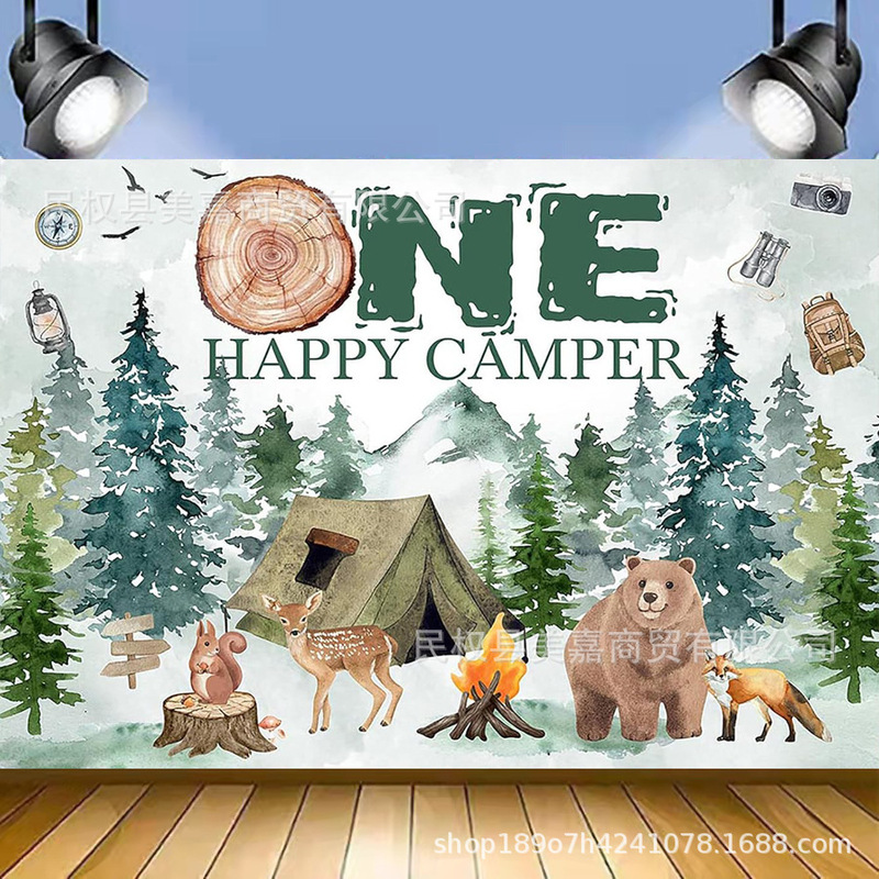 Cross-border 1st Birthday Camping Style Adventure Theme Photography Background Cloth Kidsren's Birthday Outdoor Party Photo Props