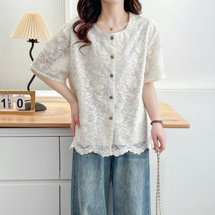 Plus Size Women's Sweet Lace Slimming Look Right Shoulder Short-Sleeved Shirt Stereo Jacquard Style Round Neck Shirt Q8302