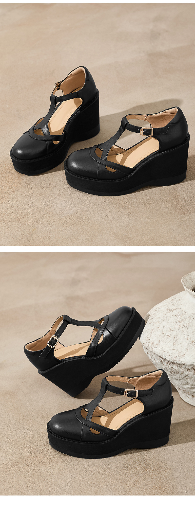 Sandal cao gót nữ quai ngang khóa T, đế dày platform, gót 9.5 cm — đen chi tiết 12