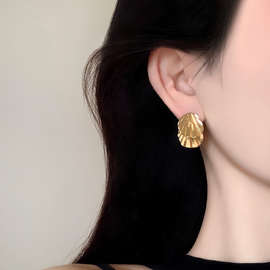 金色纹理耳钉女法式复古特个性耳环时尚简约高级感纯银针耳饰