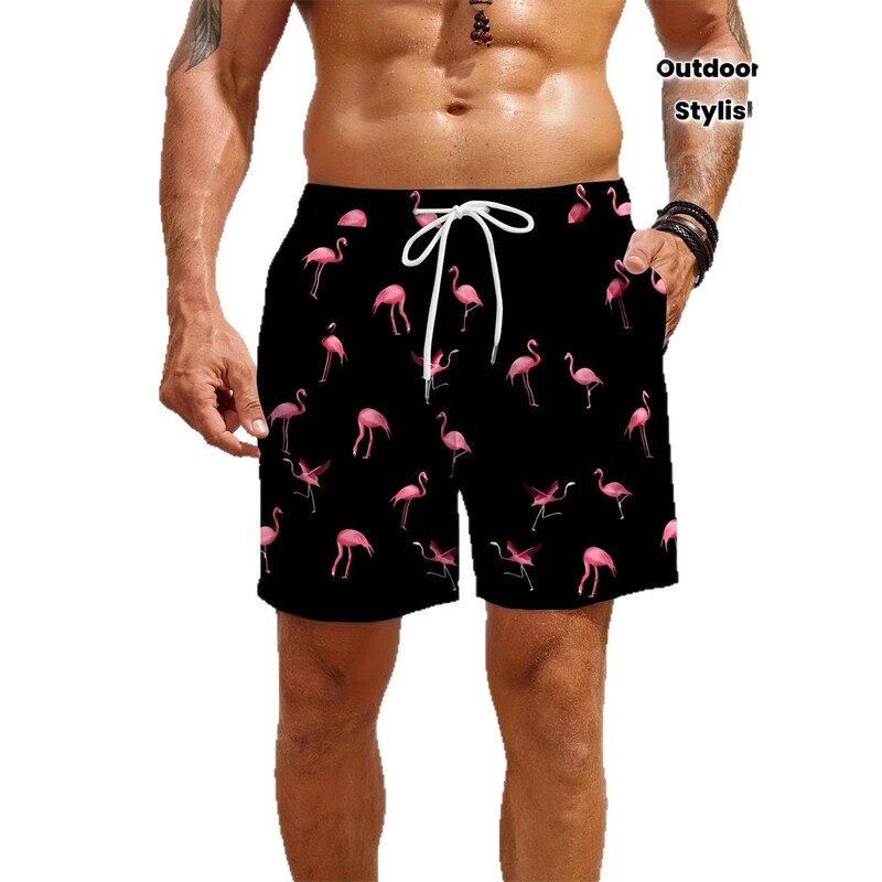 European and American Cross-Border Flamingo 3D Printed Beach Shorts Men's Summer Seaside Vacation Quick-Drying Loose Casual Shorts