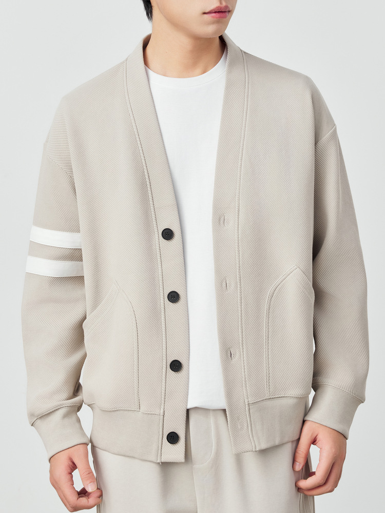 Áo khoác cardigan nam vải tuýt phối sọc tương phản kiểu mới — Màu đen