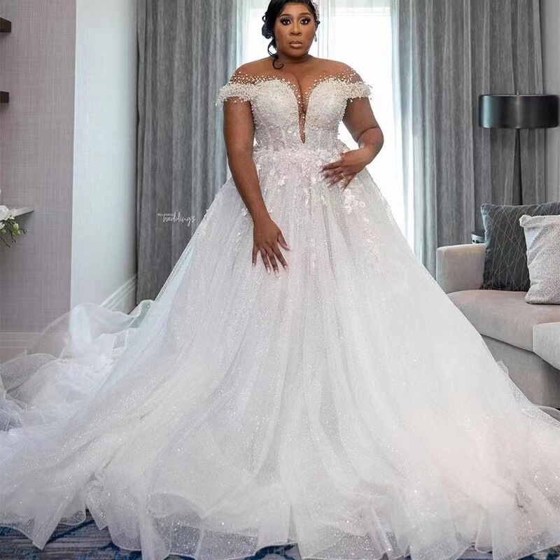 New African Bridal Wedding Dress High Waist Long Skin Color Lace Bright Shiny Tulle Bridal dress White