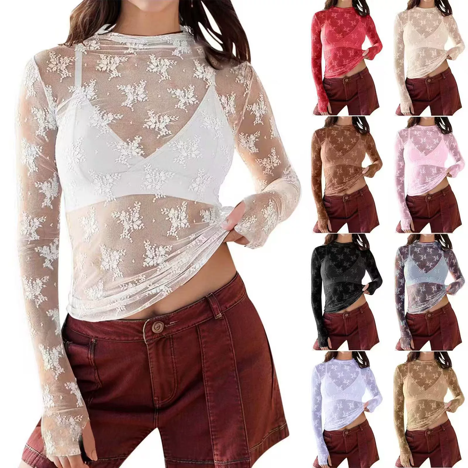 2025 Взрывная Амазонка Трансграничная перспективная кружевная топ сетка разноцветная нижняя рубашка сексуальная горячая девушка трендовая футболка