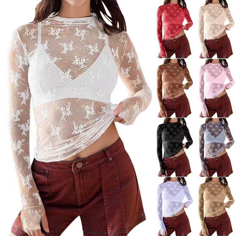 2025 Explosions Amazon Cross-border Perspective Lace Top Mesh Multicolor Base Shirt Sexy Spice Trendy T-shirt