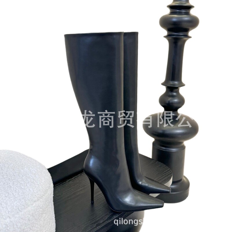 高端品质2025秋冬真皮尖头复古侧拉链细跟高跟显瘦高筒骑士靴长靴|undefined