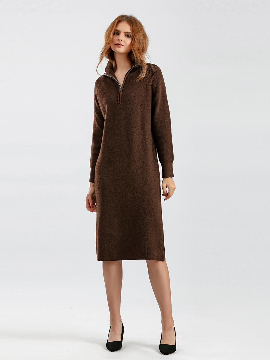 Women's Sweater Dress Casual Simple Style Turndown Zipper Long Sleeve Solid Color Knee-length Daily display picture 4
