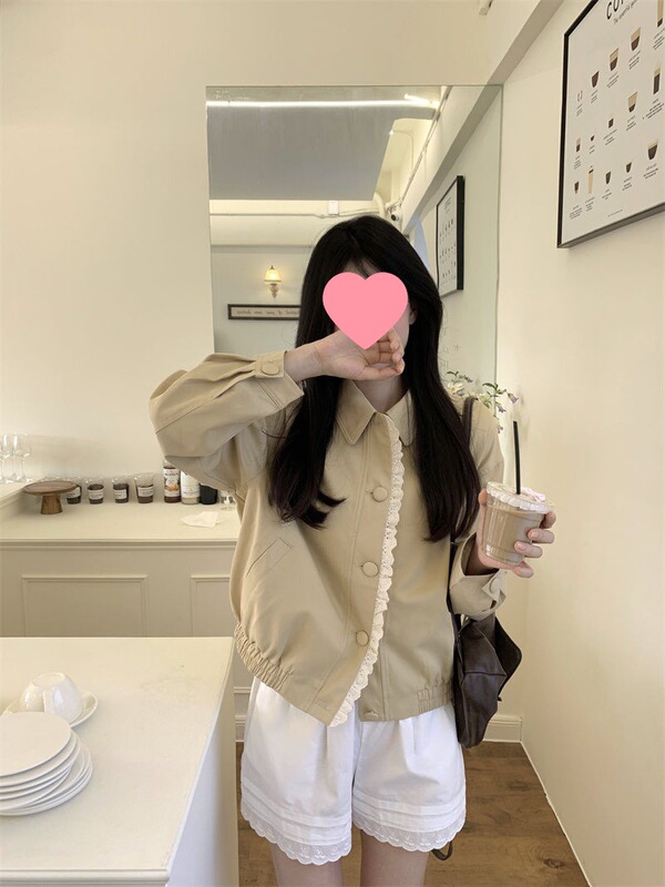 花边拼接翻领长袖夹克外套女秋季新款短款设计感棒球服上衣潮|undefined